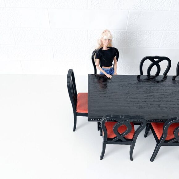 One-of-a-Kind Miniature Oak Wood Dining Trestle Table & 8 Chair Set 1:6 Scale - Picture 3 of 14